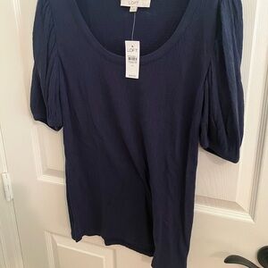 LOFT Navy Puff Sleeve Scoop Neck Short Sleeve Top